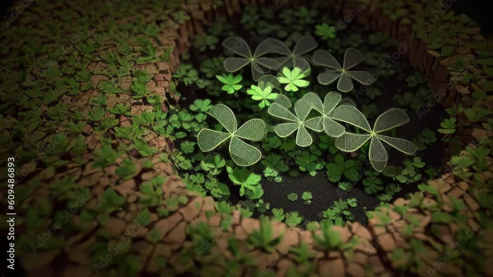 Poster Lucky shamrocks with golden bokeh glitter. St. Patrick's Day background. Luck of the Irish. Four Leaf clover. Generative AI