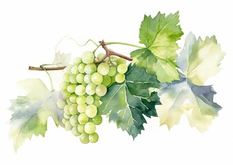 Watercolor illustration of Sauvignon Blanc Grapes on the vine on a white isolated background