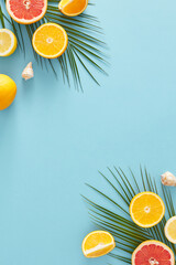 Tropical holiday concept. Top view vertical flat lay of juicy citrus slices, palm leaves on light...