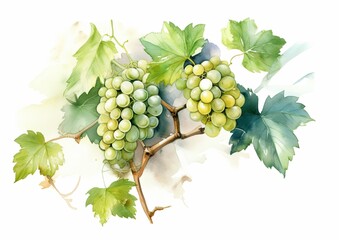 Watercolor illustration of Sauvignon Blanc Grapes on the vine on a white isolated background