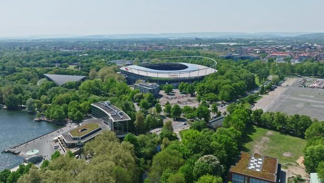 Drone shot of Heinz von Heiden-Arena or Lower Saxony Stadium ( Niedersachsenstadion ) , Hanover , Germany