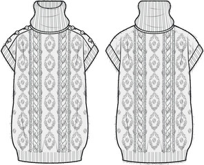 Women's Roll Neck, Cable Vest. Technical fashion illustration. Front and back, white colour. Women's CAD mock-up.