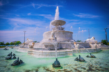 James Scott Memorial Fountain with the water on in late spring at Belle Isle State Park in Detroit Michigan