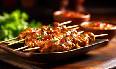 Chicken skewers - grilled meat with fresh vegetables on wooden background - Powered by Adobe