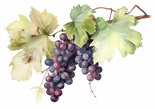 Watercolor illustration of Cabernet Grapes on the vine on a white isolated background