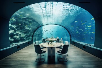 Underwater Restaurant, Luxury Cafe Under Water, Aquatic Dining Table, Abstract Generative AI Illustration
