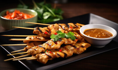 Chicken skewers - grilled meat with fresh vegetables on wooden background