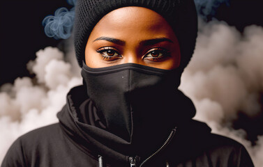 An African-American woman wearing a mask on a black background with smoke, the concept of protest. Generative AI.