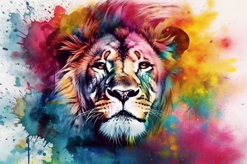 Poster Lion, the head of a lion in a multi-colored flame. Abstract multicolored profile portrait of a lion head © Ygor