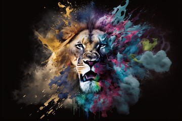 Lion, the head of a lion in a multi-colored flame. Abstract multicolored profile portrait of a lion head