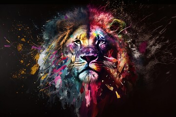 Lion, the head of a lion in a multi-colored flame. Abstract multicolored profile portrait of a lion head