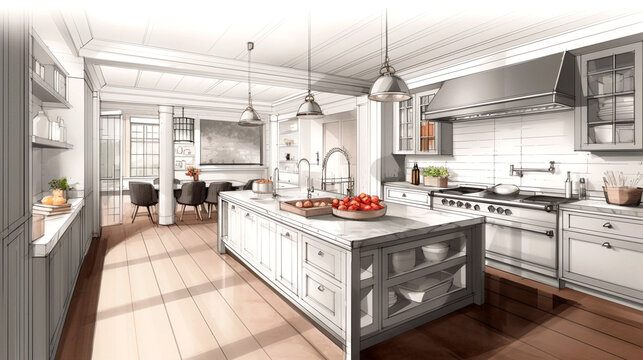 Not finished hand drawn design of kitchen, with big windows, colored sketch kitchen with marble counter tops. generative AI