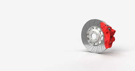Naklejka premium 3d render of an illustration of an automobile spare part. Caliper and brake disc of the car. Illustration on the topic of spare parts, cars, speed, safety.