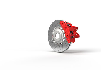3d render of an illustration of an automobile spare part. Caliper and brake disc of the car. Illustration on the topic of spare parts, cars, speed, safety. Transparent background.