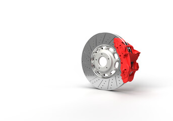 3d render of an illustration of an automobile spare part. Caliper and brake disc of the car. Illustration on the topic of spare parts, cars, speed, safety. Transparent background.