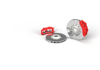 3d render of an illustration of an automobile spare part. Caliper and brake disc of the car. Illustration on the topic of spare parts, cars, speed, safety. Transparent background.