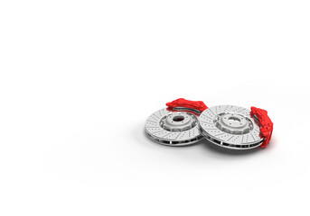 3d render of an illustration of an automobile spare part. Caliper and brake disc of the car. Illustration on the topic of spare parts, cars, speed, safety. Transparent background.