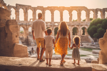 A family exploring ancient ruins and historical landmarks, vacation, bokeh Generative AI