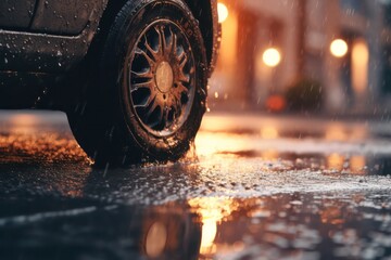 Close-up of an automobile wheel after an accident on a city street. wheel after an accident on the road. life insurance and protection concept.Generative AI