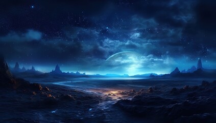 Fototapeta na wymiar fabulous lake view at night, nebula