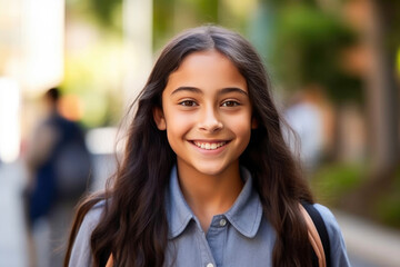 Smiling Young Girl Ready for a Day of Learning. Generative AI