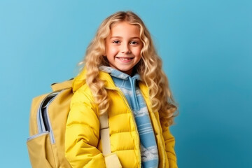 Smiling little blonde kid girl 12-13 years old wearing yellow jacket with backpack isolated on pastel blue background. Generative AI