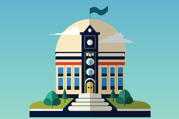 School with a green lawn. Icon. Flat vector illustration isolated on Any color of the background, School building in flat style. Modern school, college building. Vector illustration
