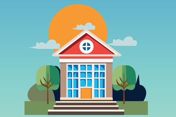 School with a green lawn. Icon. Flat vector illustration isolated on Any color of the background, School building in flat style. Modern school, college building. Vector illustration
