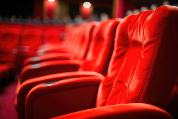 Front Row Anticipation: Close-Up of Empty Theater Seats. Generative AI