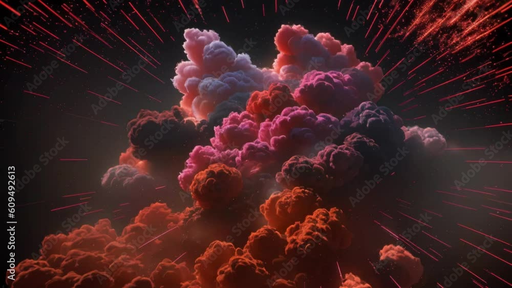 Poster red powder explosion. abstract closeup dust on backdrop. powder explode. paint holi. generative ai