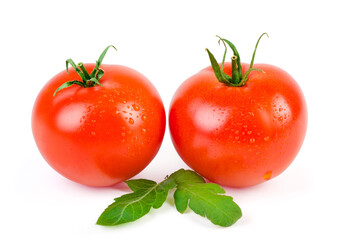 Two juicy tomatoes on white background.