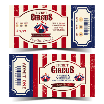 Circus ticket template. Front and back. Carnival ticket. Ready to print. Cmyk vector illustration
