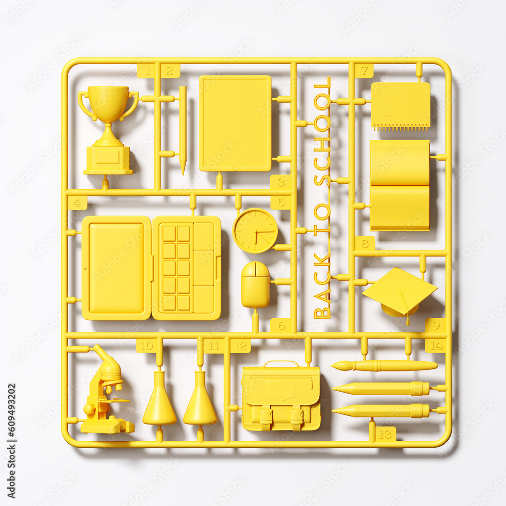 Poster minimal background for education concept. yellow plastic model kit of back to school element on whit