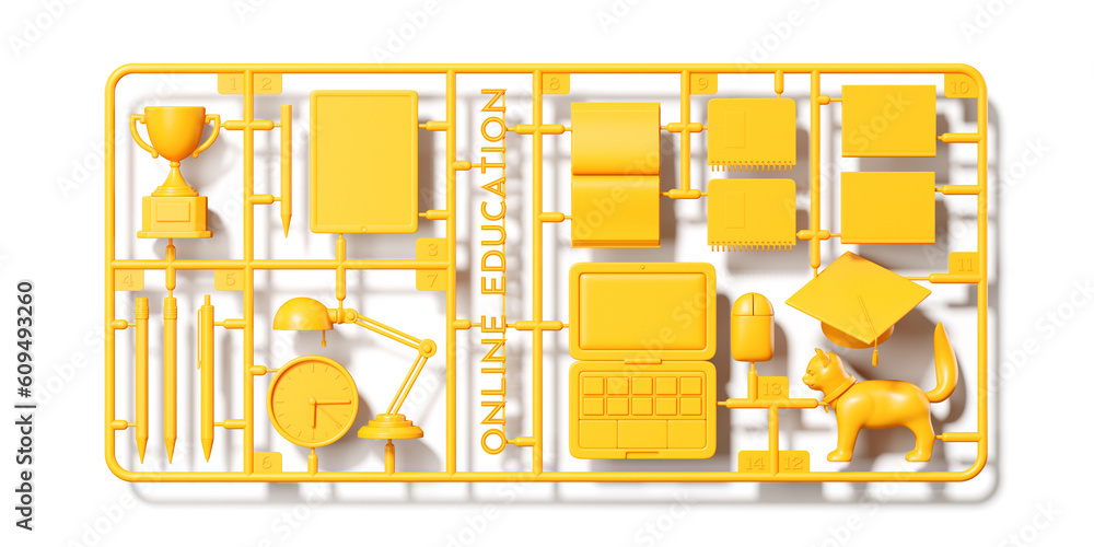 Poster minimal background for e-learning concept. yellow plastic model assembly kit of online education obj