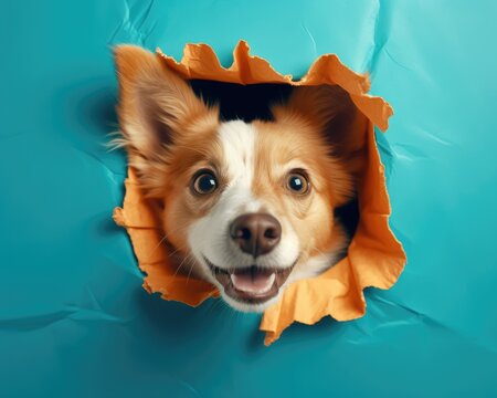 The head of dog through a hole on a torn paper background. Horizontal studio image, copy space. Concept of spy, curiosity and snoop