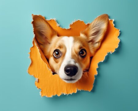 The head of dog through a hole on a torn paper background. Horizontal studio image, copy space. Concept of spy, curiosity and snoop