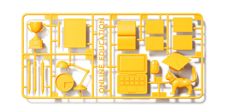 Minimal background for E-learning concept. Yellow plastic model assembly kit of online education object on white background. 3d rendering illustration. Object isolate clipping path included.
