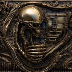 metallic musical instrument, surreal alien relief with skull, abstract musical pattern, futuristic sound sculpture, generative ai