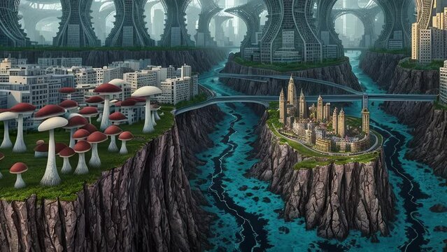 Mushroom future mega city over blue rivers, a.i. generated