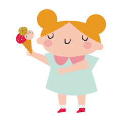 cute cartoon girl with red hair and in a blue dress with ice cream in her hands.  isolated vector illustration