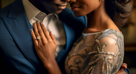 Passionate african couple in love in elegant evening dresses, woman with wedding ring on his finger. Luxurious Fashion shot. digital ai