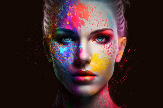 Woman portrait with rainbow makeup on black background, fictitious person. AI generated image