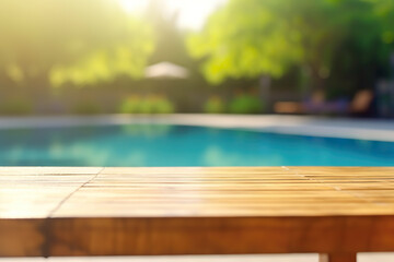 Out-of-focus beach background with palm trees with table, IA generativa