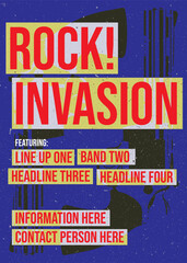rock invasion festival or fest, gig or gigs poster, brochure or pamphlet, for band or event, punk, metal, pop loud music, rock and roll