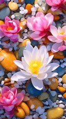 Fototapeta na wymiar Beautiful flowers and colorful sea pebbles. bright
