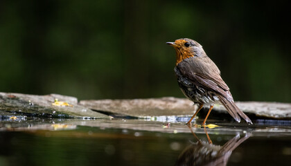 European robin (Erithacus rubecula) near a man-made pond