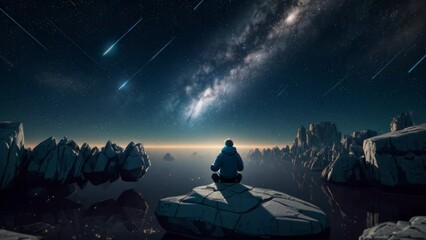 Silhouette of young female sitting practices yoga and meditating in lotus position alone on top of the mountain with night sky, star, Milky Way and meteor. She felt calm and happy. Generative ai