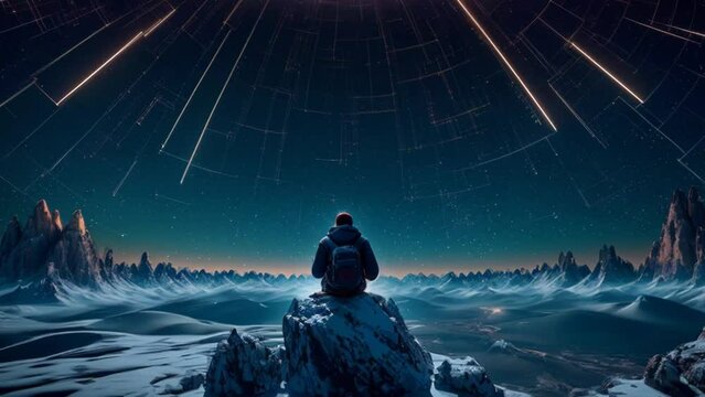 Silhouette of young female sitting practices yoga and meditating in lotus position alone on top of the mountain with night sky, star, Milky Way and meteor. She felt calm and happy. Generative ai