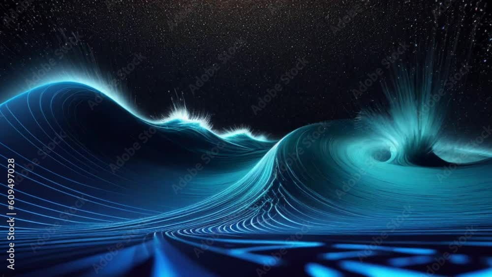 Poster Digital dynamic cyber wave. Abstract futuristic blue background with dots and lines. Big data visualization. 3D rendering. Generative ai