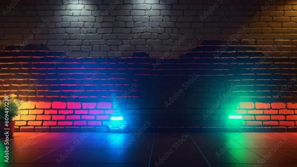 Poster abstract background brick wall with neon light. generative ai
